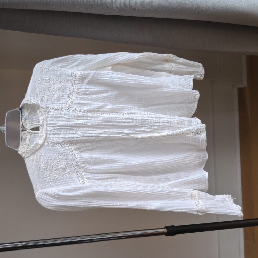 Zara white embroidered long sleeve high collared blouse
